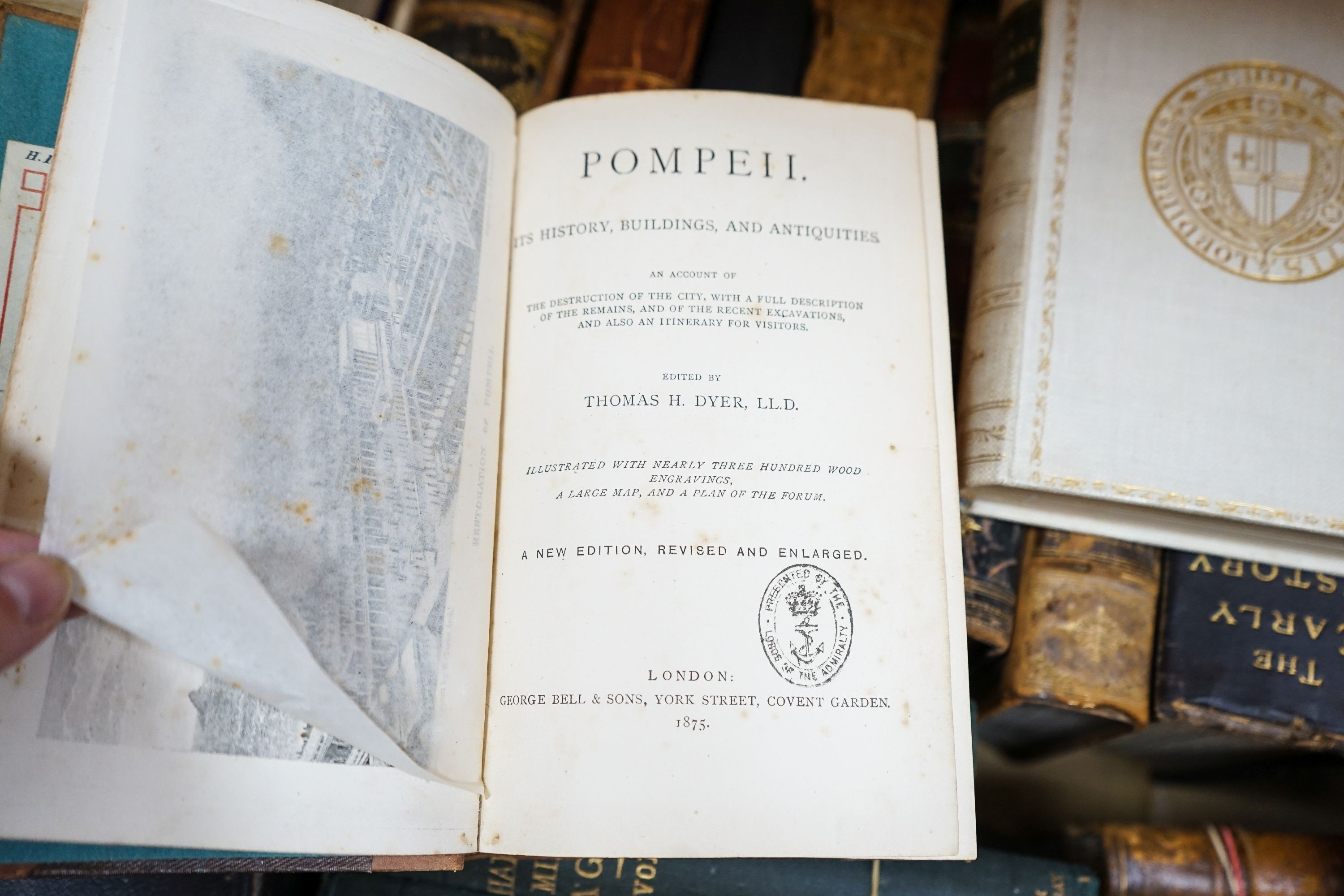 A collection of leather bound books, including The Truth of The Scripture 1796 to follow The Whole Duty of Man 1808 and Pompeii-Dyer 1875